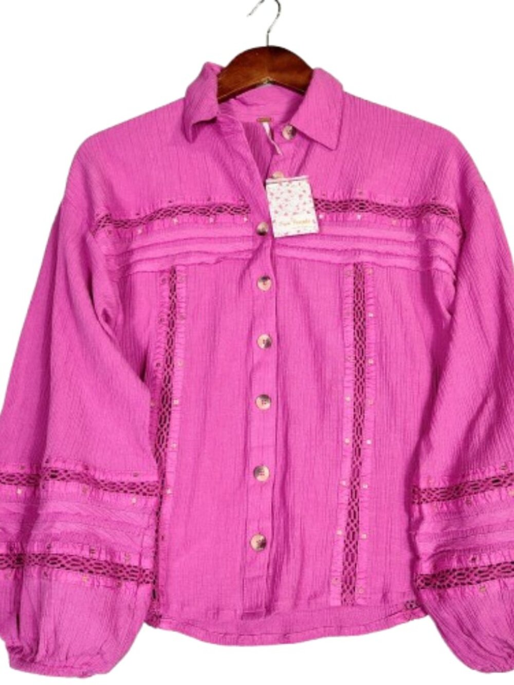 Free People Summer Stars Top Womens S Purple Puff Sleeve Button Front Preppy NWT